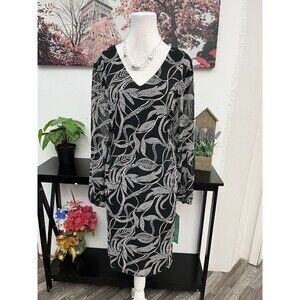 MSK Womens Plus Long Sleeve Floral Fit +Flare Dress Size 1XL Polyester V Neck